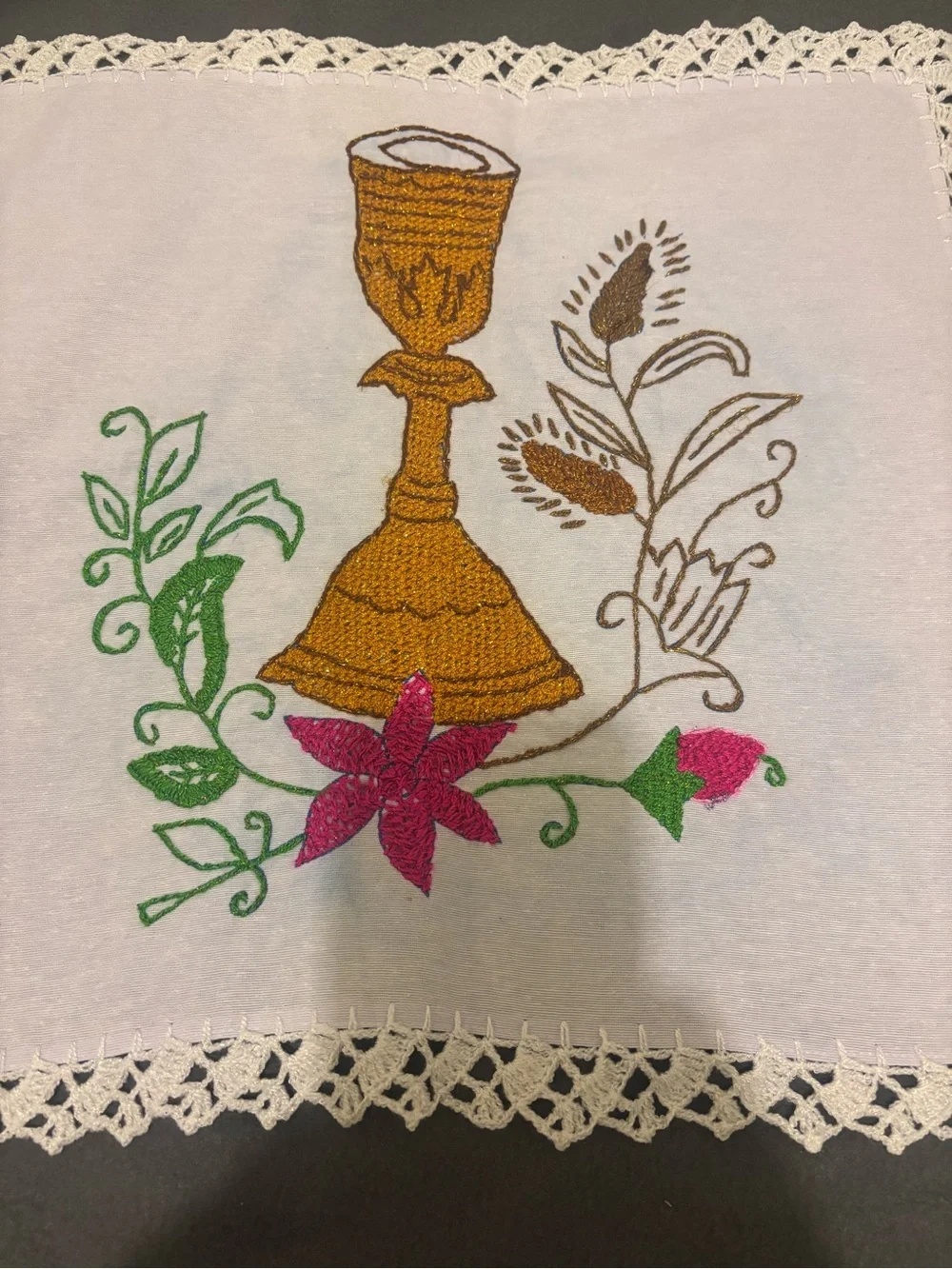 Embroidered Chalice Accent Linen in Gold, Purple and Green